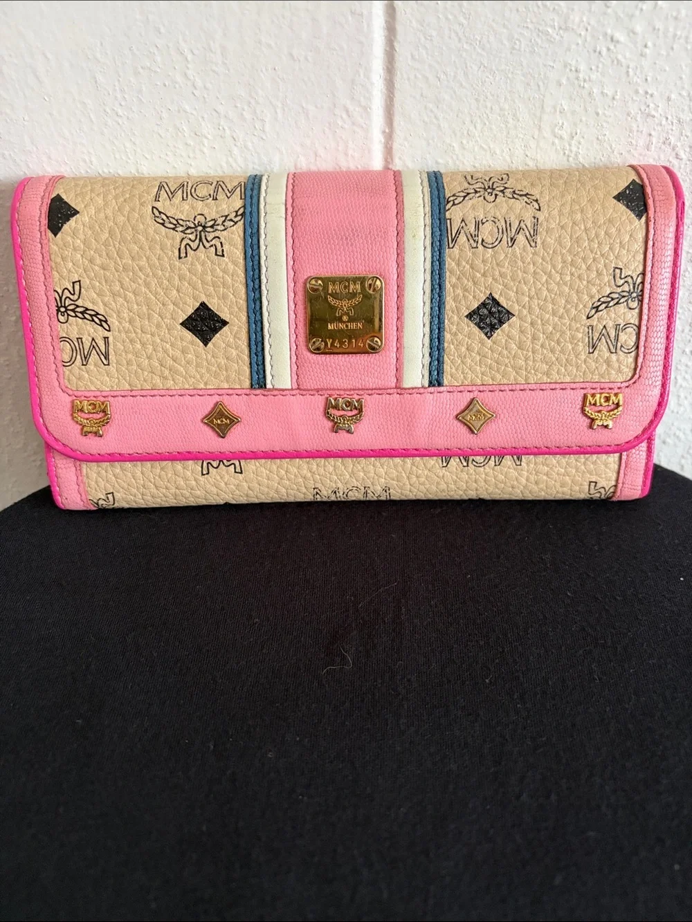 MCM Beige Logo Continental Wallet with Pink Trim and Blue-White Stripe
